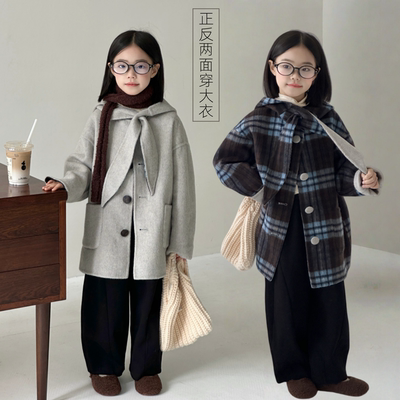 儿童双面羊绒大衣男女童格子两穿