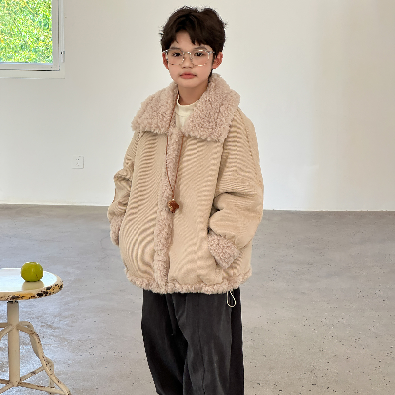 冬季男童皮毛一体外套中大童装羊羔毛加厚大衣时髦女童儿童皮草
