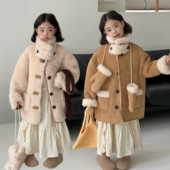 儿童羊毛一体大衣中大童男女皮草外套小个子立领麂皮绒装 加绒上衣