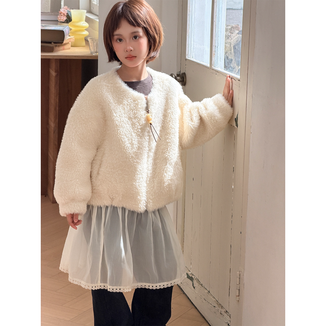 2026冬季新款童装皮草大衣短款圆领两穿加厚女童毛毛外套厂家直销