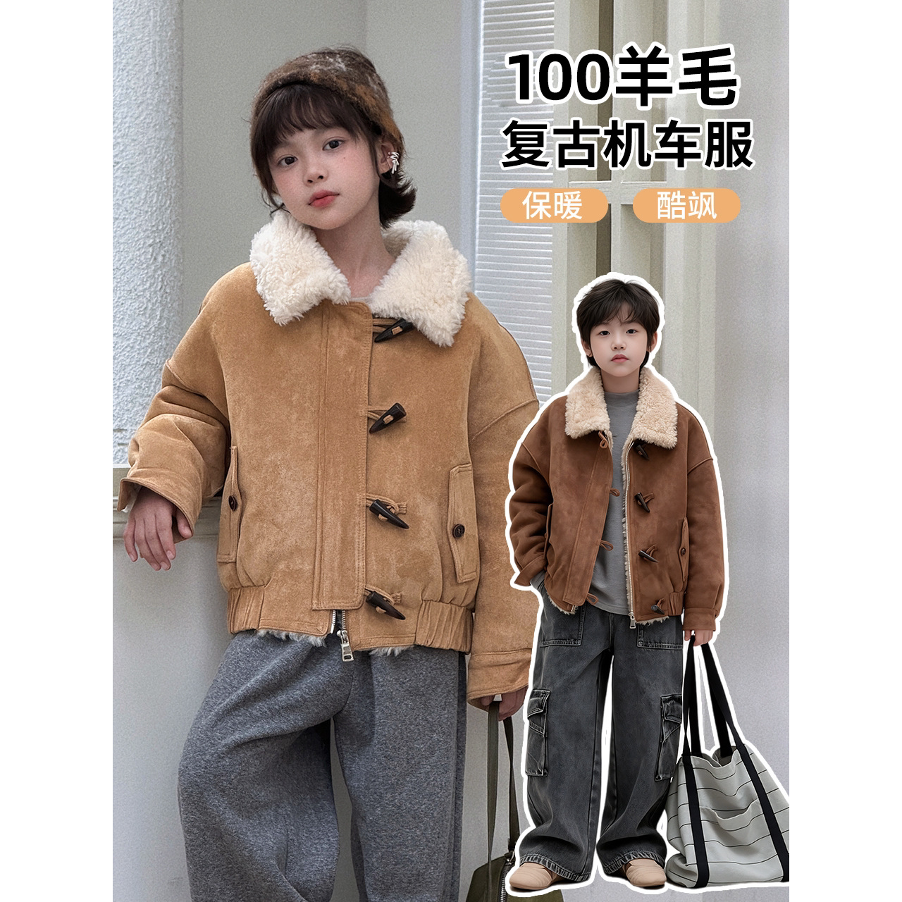 环保儿童皮毛一体外套冬季韩系宝宝机车服短款加厚男女童皮草大衣