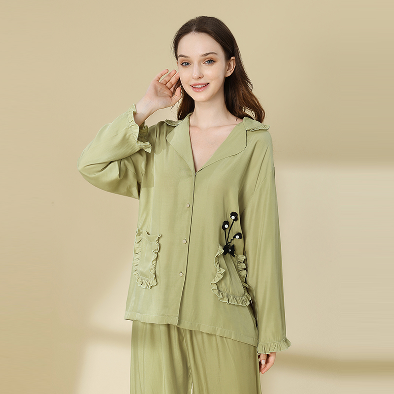 贡缎棉苔绿宫廷风家居服套装