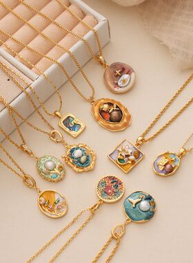 莫奈花园油画项链轻奢小众锁骨链女高级感简约百搭吊坠项链毛衣链