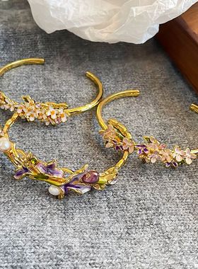 莫奈花园高档中古风滴油紫色藤蔓花环镀金开口手镯异形珍珠首饰