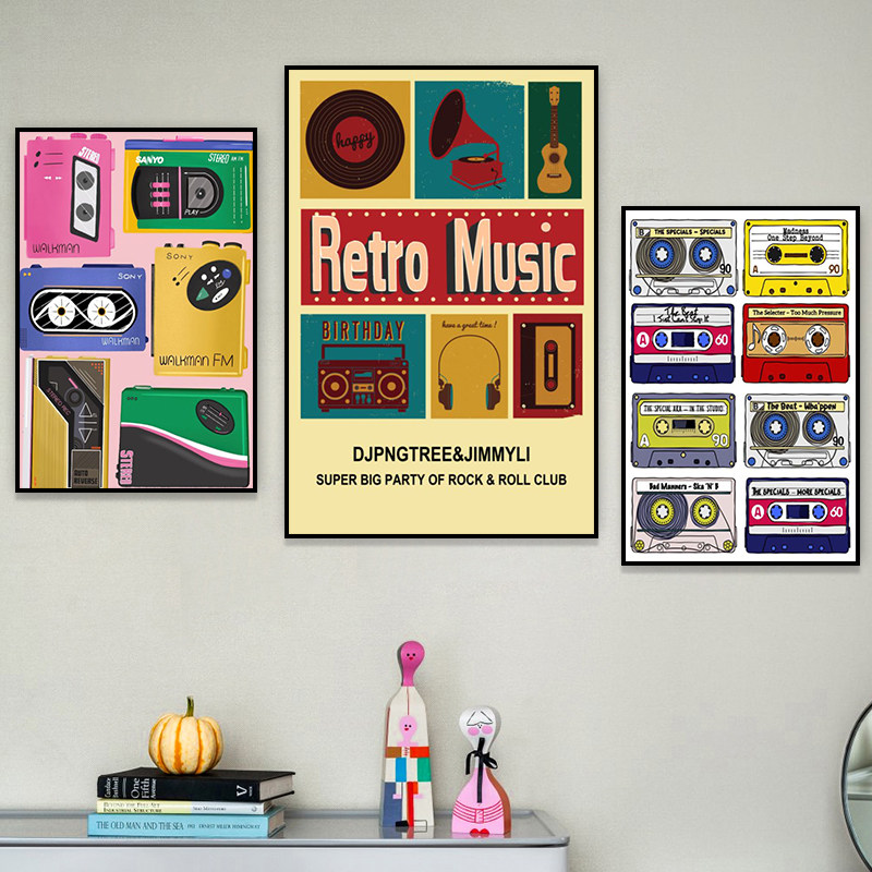 黑胶唱片装饰画美式怀旧音乐室磁带挂画酒吧琴行咖啡厅录音棚壁画