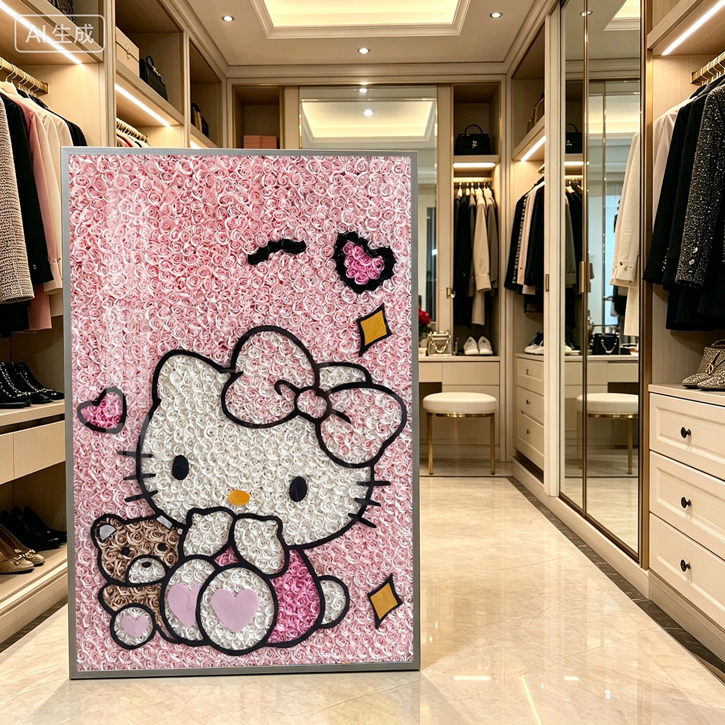甜美粉色哈喽玫瑰kitty猫挂画网红凯蒂猫服装店奶茶店背景墙装饰