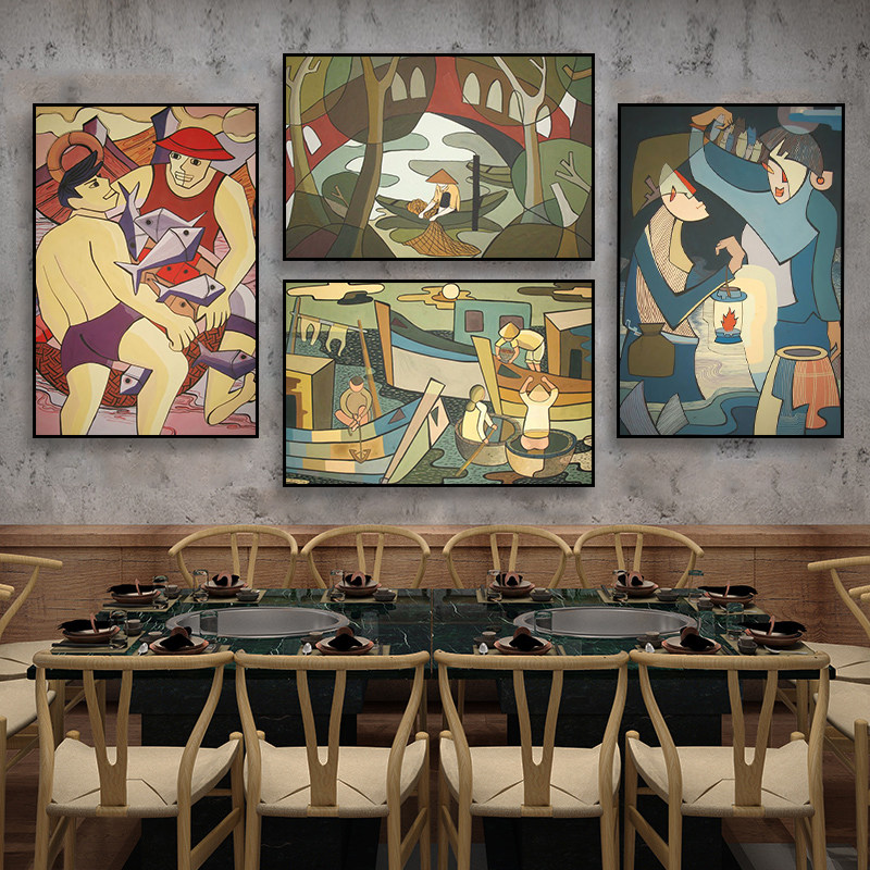 抽象渔民挂画海鲜水产餐厅饭店小众艺术挂画渔具店复古文化壁画