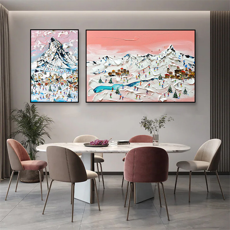 北欧水彩滑雪装饰画雪山圣诞节油画客厅书房挂画儿童房间卧室壁画