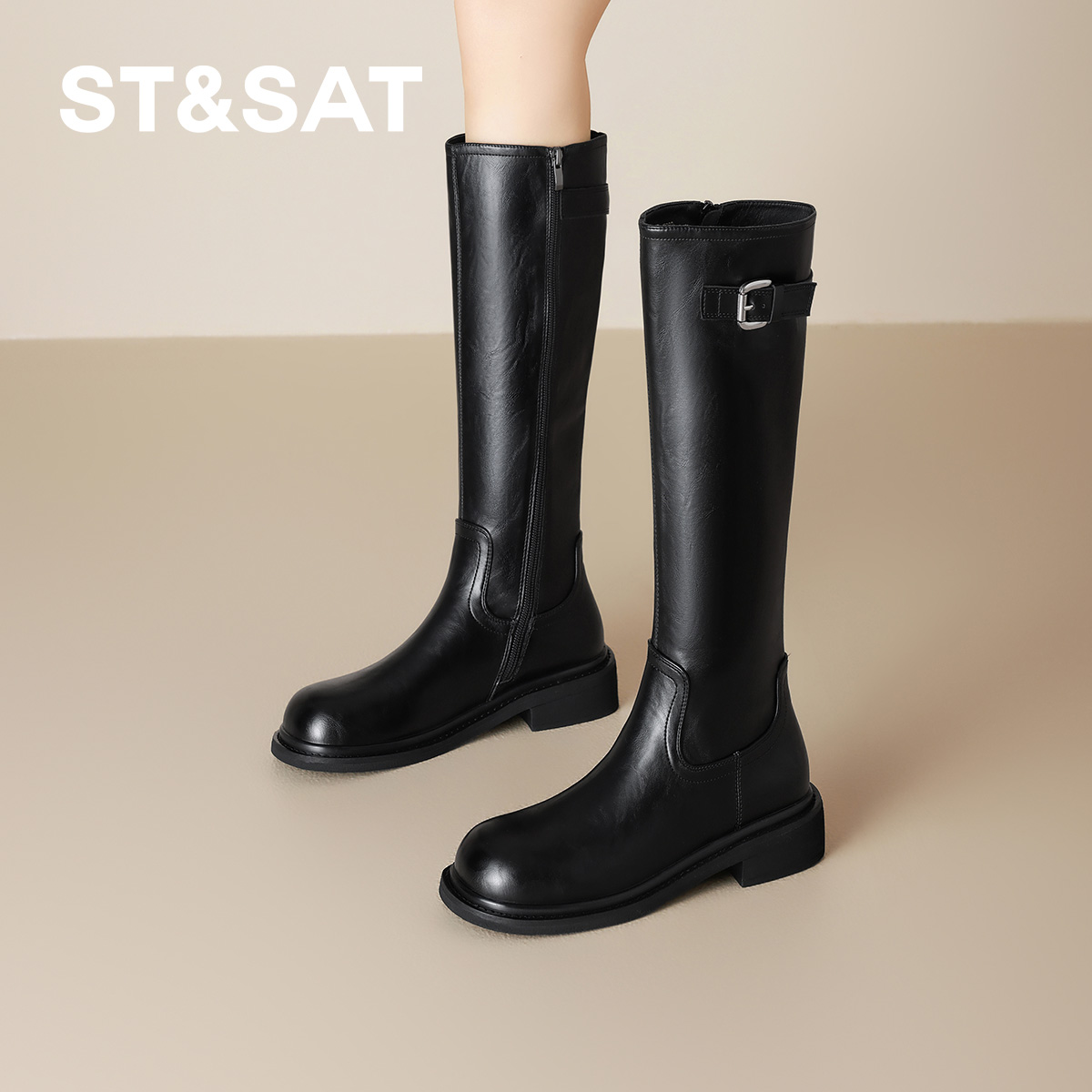 星期六骑士靴女2025新款秋季百搭不过膝长筒靴复古英伦时装靴女靴