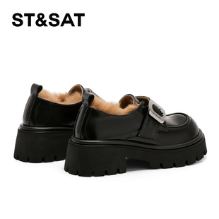 星期六厚底乐福鞋女款2025新款秋冬加绒女鞋小个子增高黑色小皮鞋