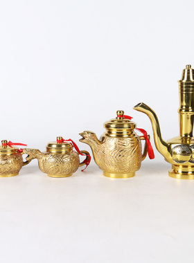 纯铜铜茶壶 龙头招财元宝供佛酒壶 水壶 凤凰佛具铜茶杯 敬神茶具