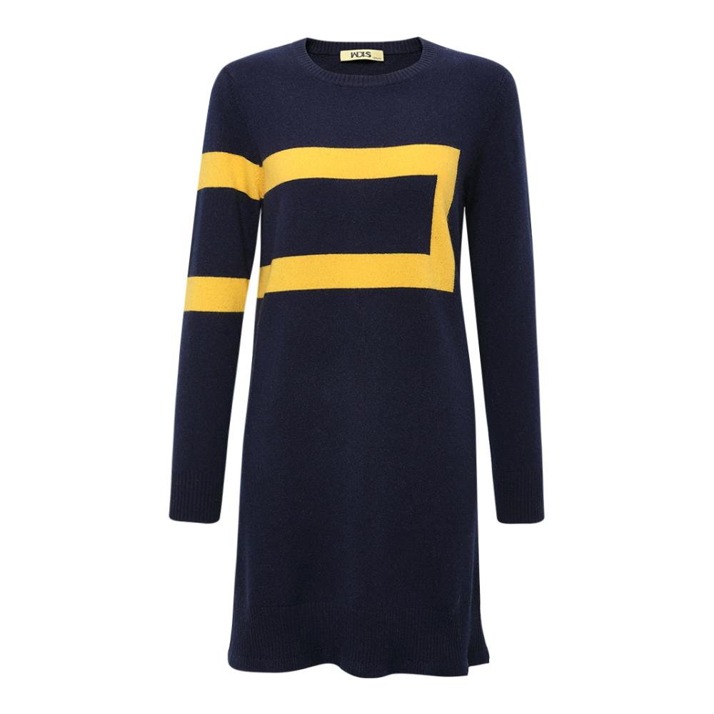 WDLS/维多拉斯 多色撞色图案优雅女士秋冬长款羊绒衫羊毛衫连衣裙