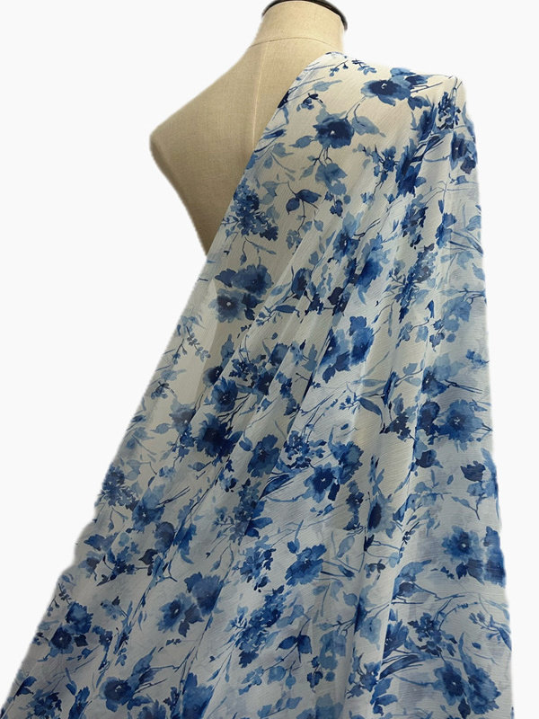 Chiffon crepe non-elastic single-layer transparent spring and summer printed fabric, white base blue flower soft clothing fabric thumbnail 5