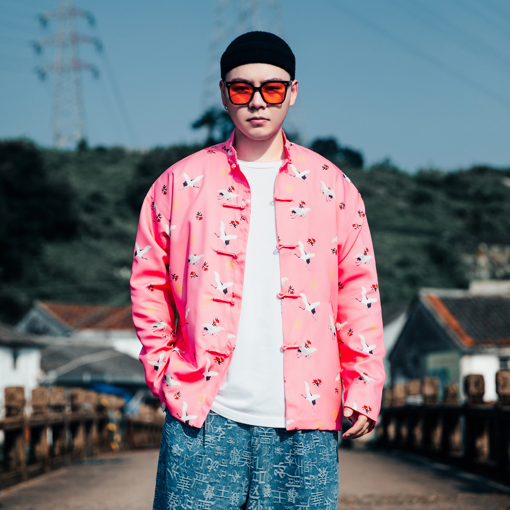 琳琅仙鹤印花盘扣唐装夹克外套男