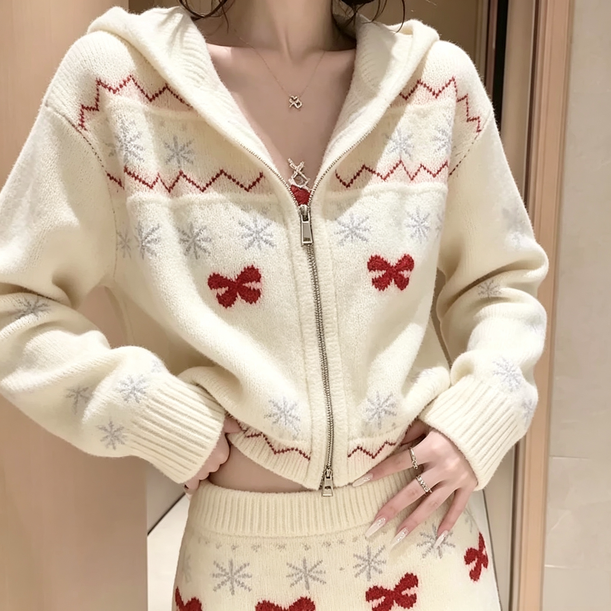 韩系甜妹白色针织套装女秋冬新款时尚套装