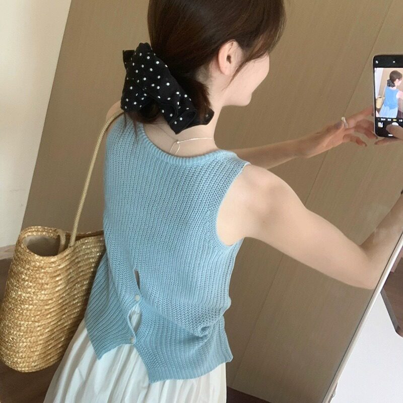 话里设计感后背扣子冰麻背心2025夏季新款韩版百搭休闲无袖上衣女