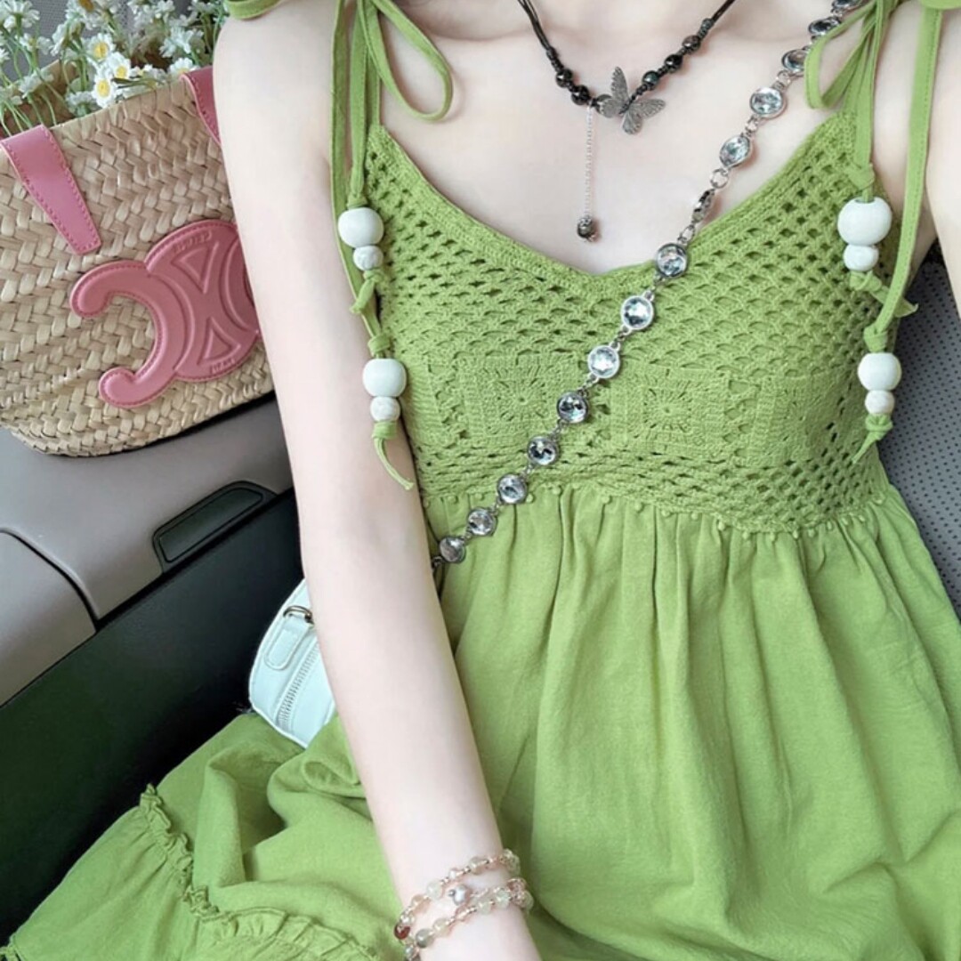 牛油果绿色流苏无袖吊带连衣裙女夏娃娃裙子多巴胺短裙