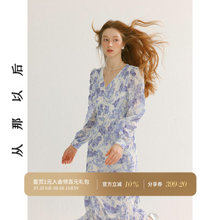 从那以后法式 碎花连衣裙海边度假长裙长袖 裙子蓝色纱裙女春季 新款