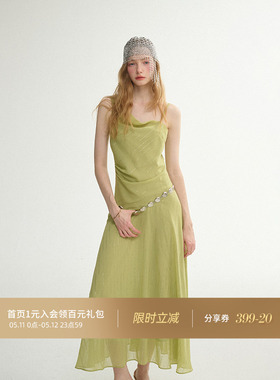 从那以后绿色法式度假风吊带裙荡领长裙夏连衣裙长款裙子夏季穿搭