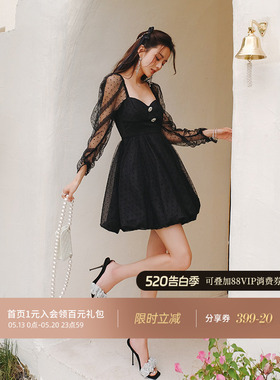 从那以后魔女宅急便甜美辣妹黑色a字裙短款v领收腰连衣裙女夏度假