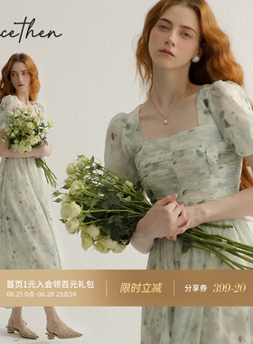 从那以后法式碎花裙夏方领绿色长裙高级感小裙子茶歇连衣裙女夏季
