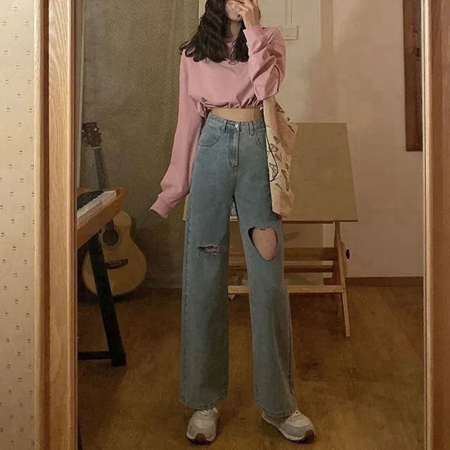 浅蓝色爱心牛仔裤女夏新款破洞高腰显瘦垂感BF韩版阔腿直筒拖地裤