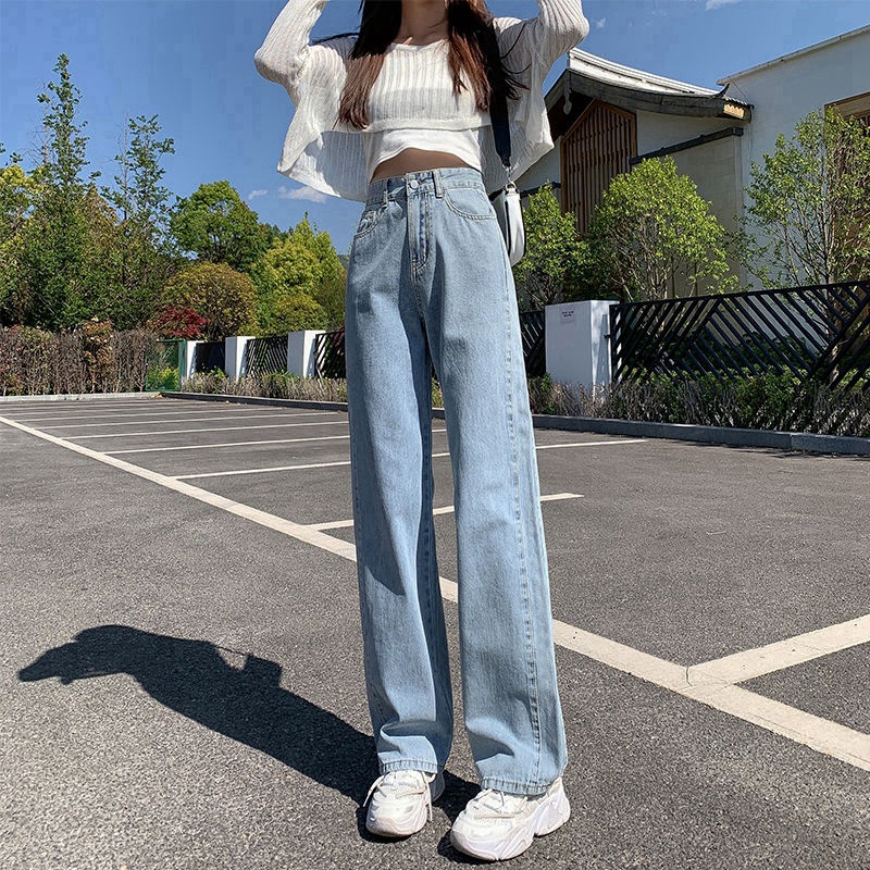 韩版宽松直筒牛仔裤女新款夏秋高腰泫雅阔腿BF风垂感显瘦拖地裤子