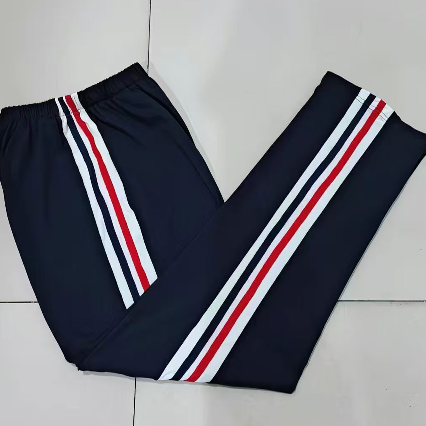 北京陈经纶学生校服裤子藏蓝白宽杠压大红藏蓝条运动宽松长裤定做