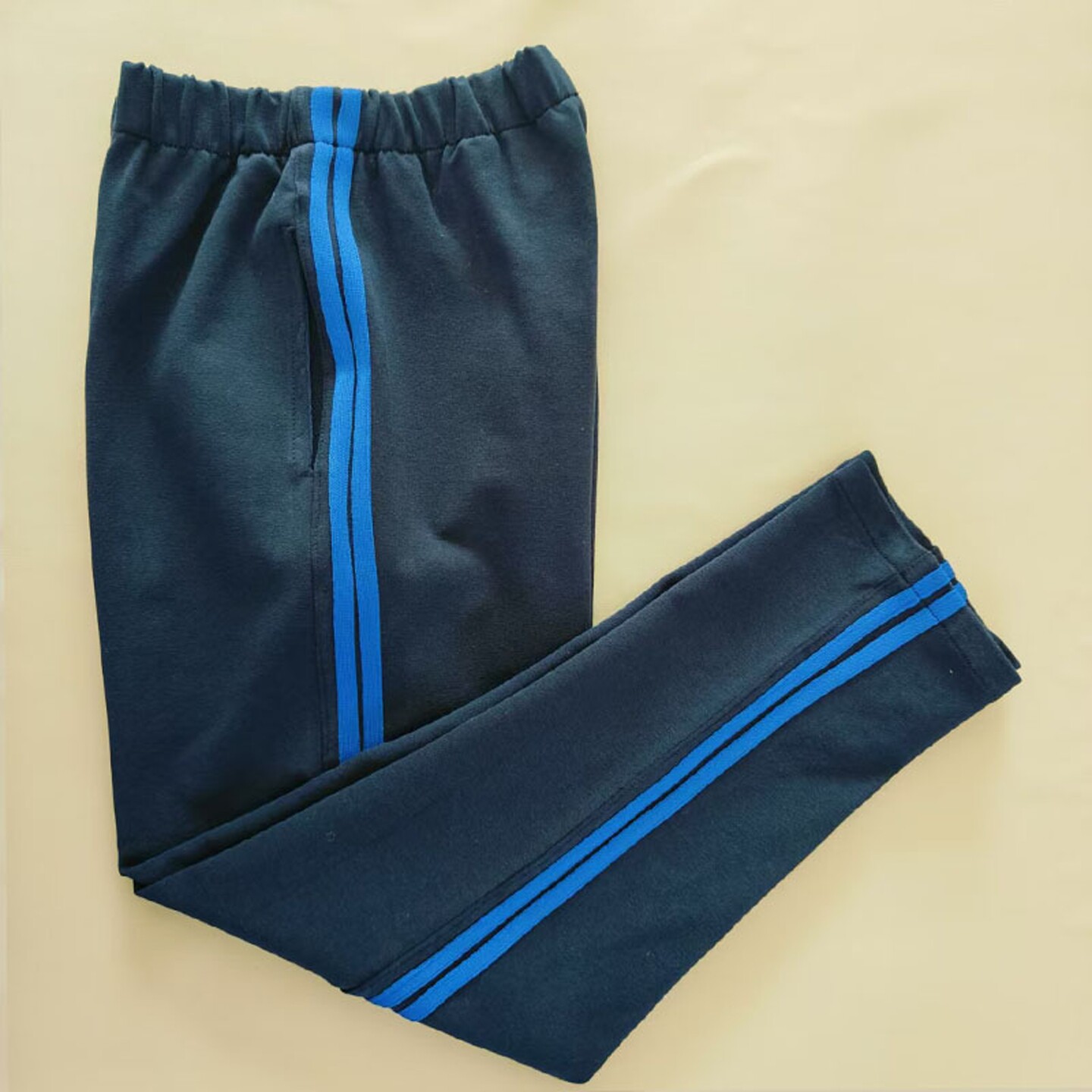 加绒校服裤子初中学生藏蓝色直筒拼两道宝蓝条团体运动裤男女同款