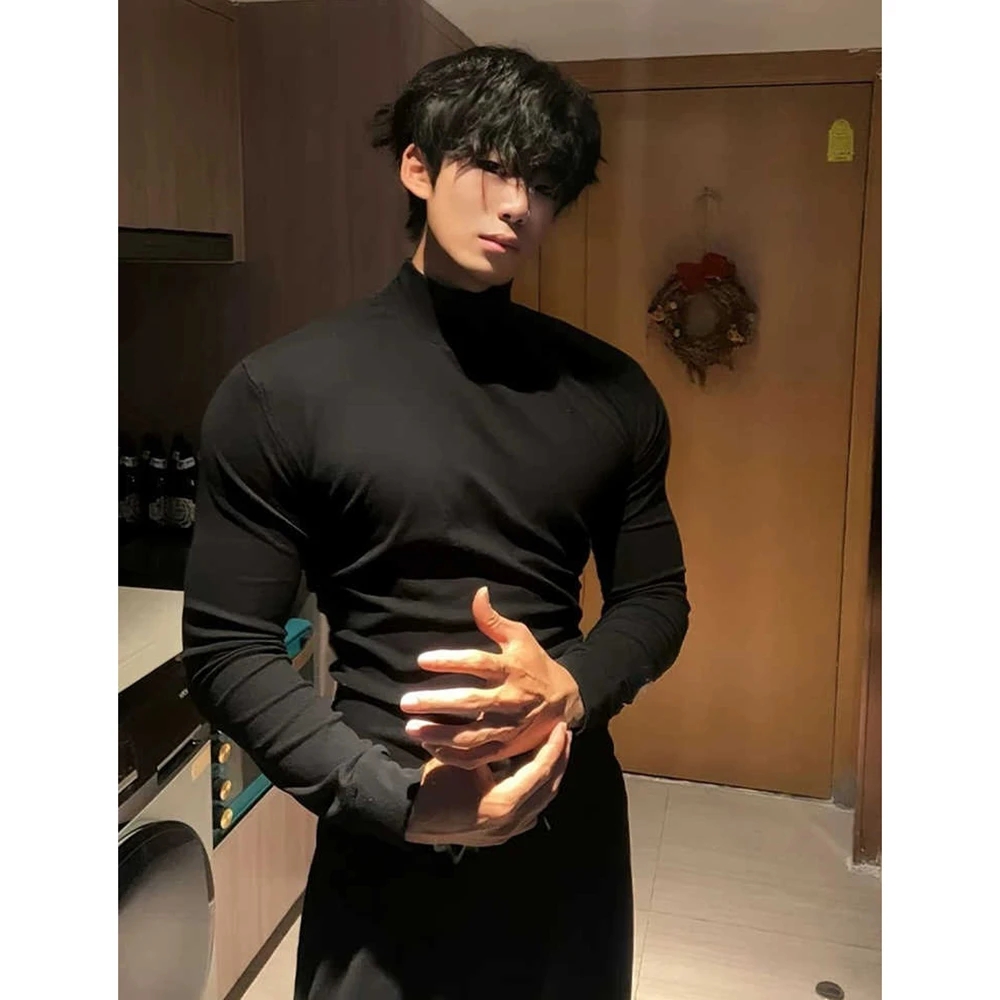 美式半高领德绒打底衫男款秋冬重磅加绒加厚卫衣内搭黑色长袖t恤