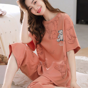 大码 薄款 2025新款 甜美可外穿家居服套装 夏季 睡衣女款 纯色棉质短袖