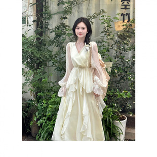 春秋法式初恋长裙超仙甜美温柔风荷叶边公主连衣裙子女秋冬季穿搭