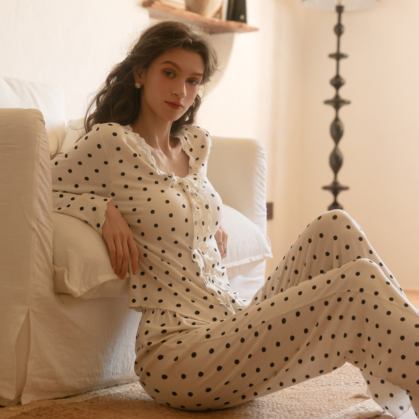 柠檬太太性感睡衣莫代尔波点印花蕾丝长袖长裤2025秋冬家居服套装