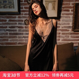柠檬太太 性感睡衣深V吊带黑色公主露背诱惑蕾丝睡裙女春夏家居服