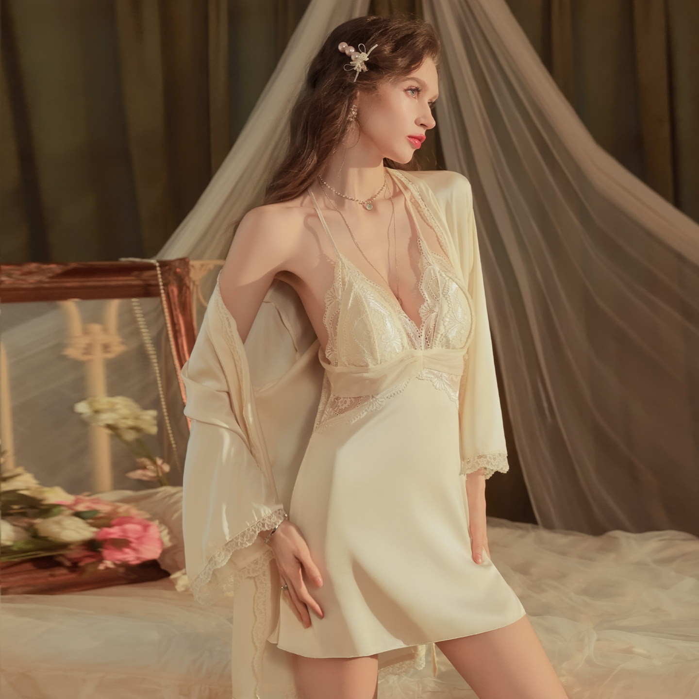 柠檬太太性感睡衣女2026夏季新款蕾丝透视诱惑带胸垫吊带睡裙睡袍