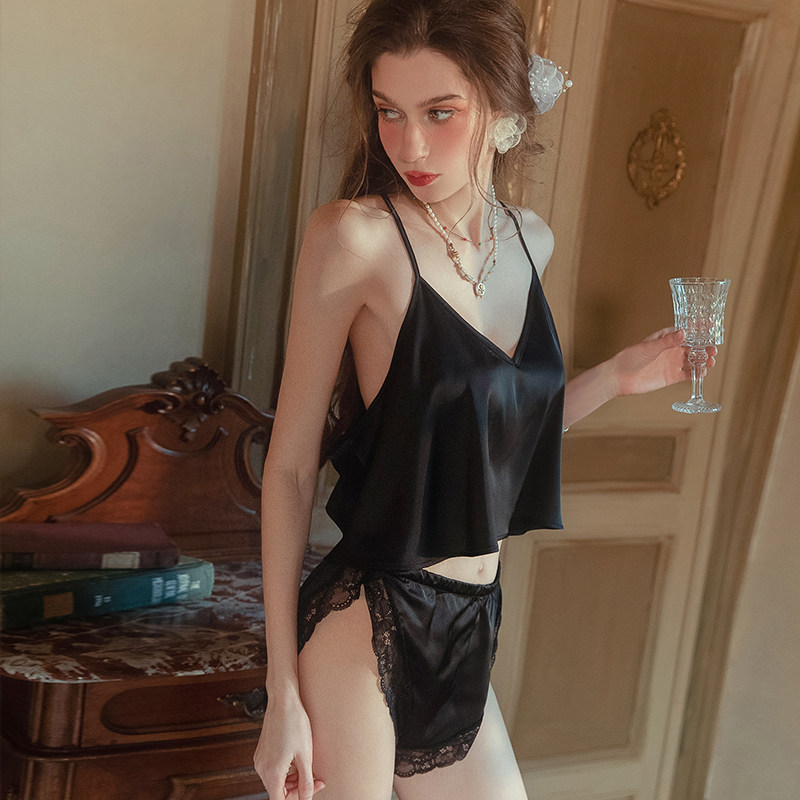 柠檬太太性感睡衣女夏季新款吊带露背蕾丝短裤夏薄款睡衣女套装夏
