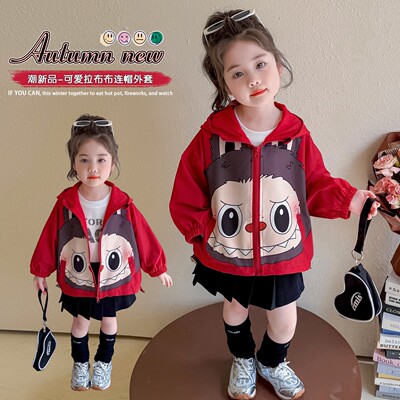 女童红色拉布布印花连帽外套宽松