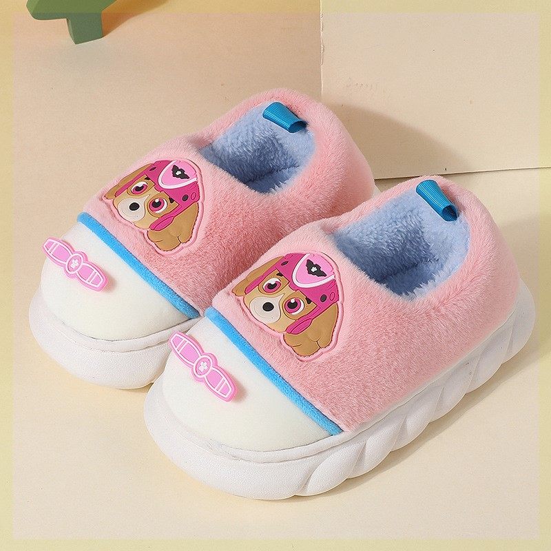 女孩汪汪队粉色毛毛拖鞋秋冬儿童棉鞋加绒棉鞋中童宝可爱包跟棉拖
