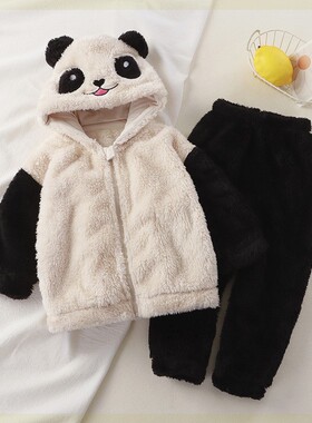 小熊猫可爱毛毛衣小童睡衣儿童秋冬法兰绒连帽家居服套装男女宝宝
