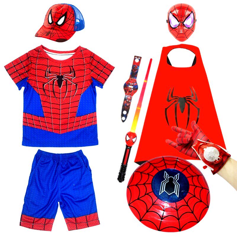 漫威超凡蜘蛛侠衣服儿童短袖短裤套装夏季速干t恤男孩超人表演服