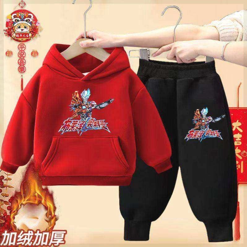 男童秋冬季奥特曼卫衣套装加绒连帽加厚洋气儿童赛罗中小童两件套