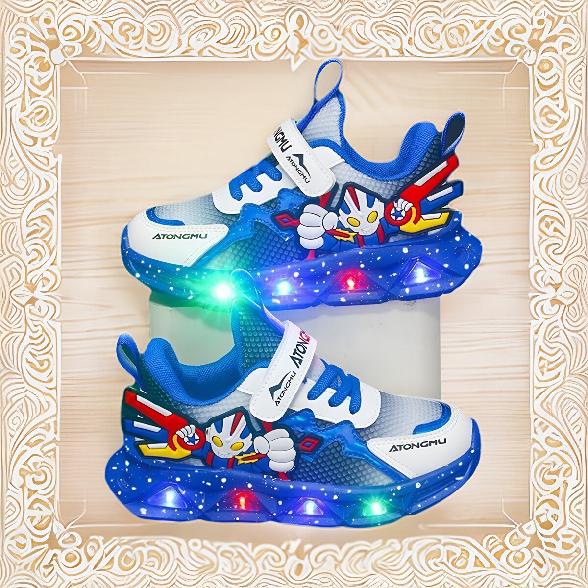新款奥特曼皮面鞋子网面发光儿童软底秋冬运动鞋2024防滑透气男童