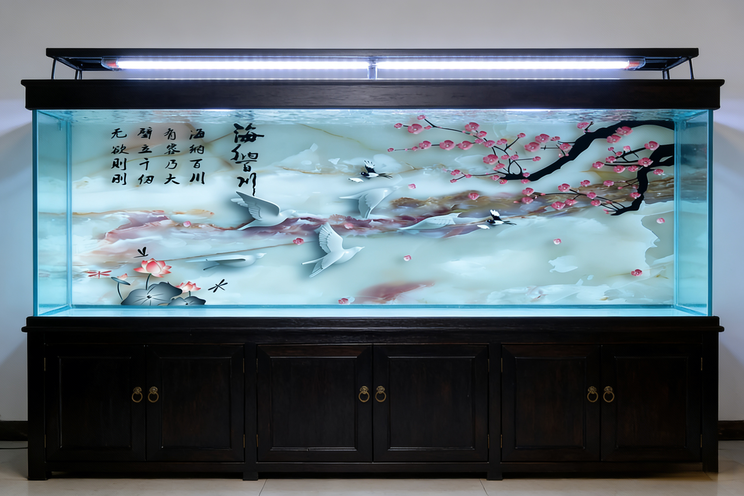 鱼缸背景外贴造景贴纸山峰云海海纳百川自粘画