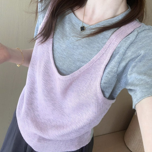 话里设计感假两件马甲短袖
