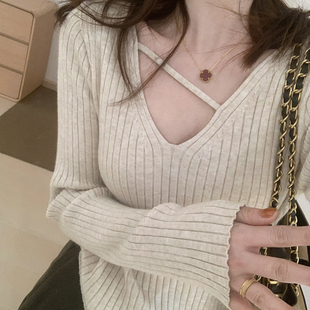 话里甜美一条杠纯欲风打底衫2026冬季新款韩版休闲百搭上衣内搭女