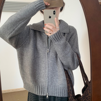 话里精致宽松双拉链翻领毛衣