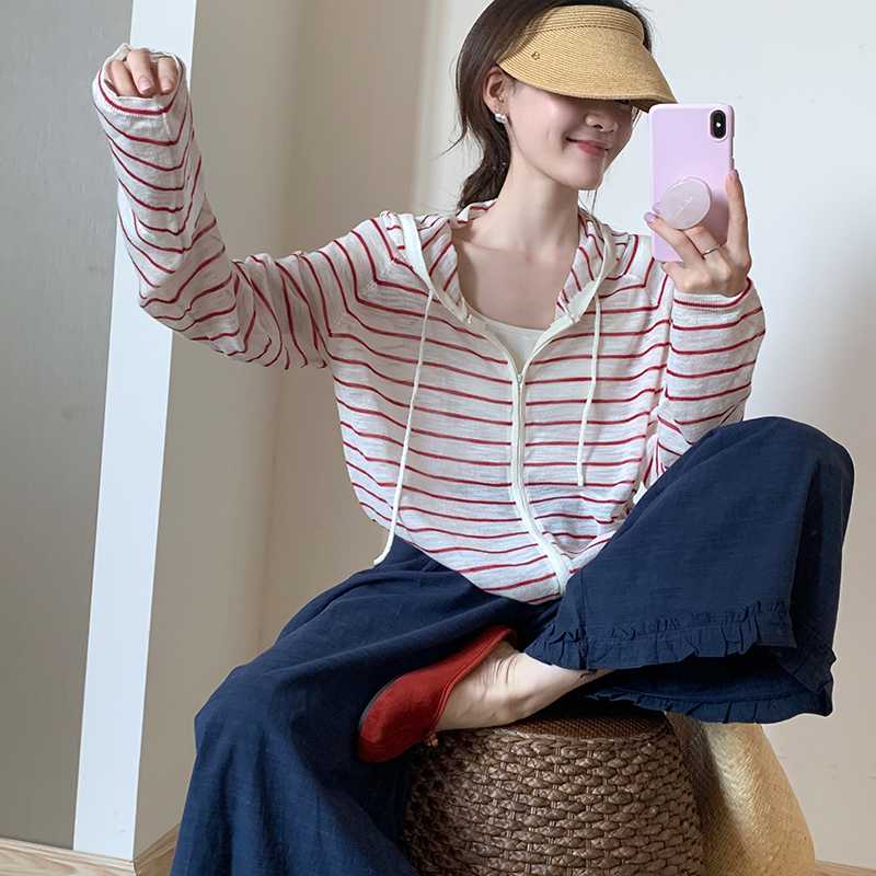 话里甜美气质连帽条纹防晒衣2025夏季新款韩版薄款百搭显瘦上衣女