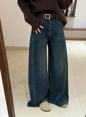 话里休闲美式两色牛仔裤2025冬季新款韩版高腰显瘦百搭直筒长裤女