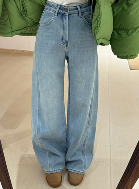 话里浅色加绒软料牛仔裤2025秋季新款韩版高腰显瘦休闲直筒长裤女