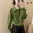 女 气质百搭显瘦宽松上衣小衫 话里复古POLO领条纹毛衣2025秋季 新款